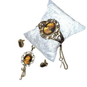 Whiting & Davis Filigree Cameo Jewelry Set - Necklace Bracelet & Earrings